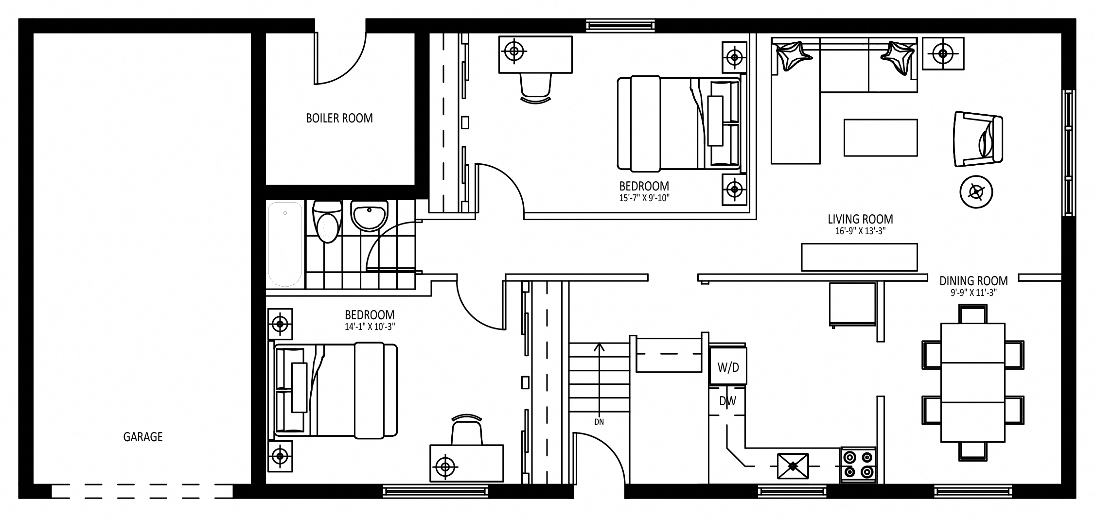 Floor plan for 2 beds, 1.5 baths, 1000 sqft